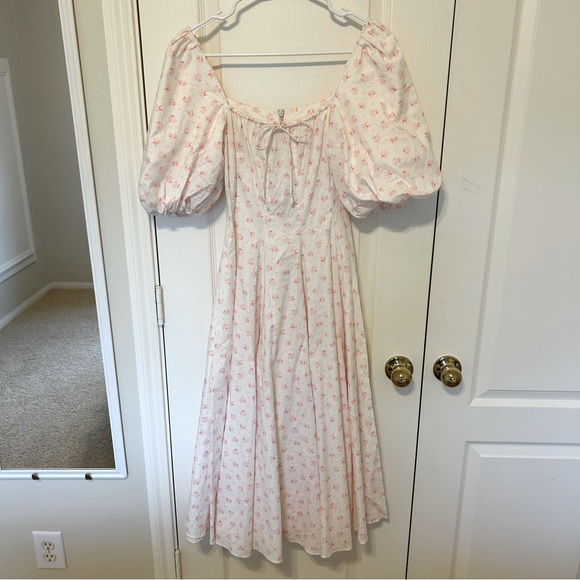 Selkie Parfait Poet Pink White Floral Midi Day Dress Puff Sleeves XXS - Picture 5 of 15